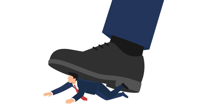 Tiny businessman crushed under giant corporate shoe, illustrating ruthless competition and corporate dominance metaphor in flat vector style