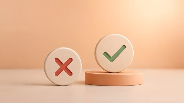 3D render of green check mark on pedestal and red cross mark representing right or wrong decision approval and rejection concept