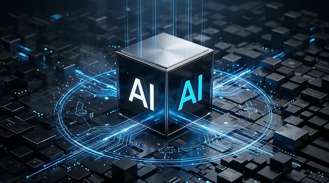 Futuristic AI cube with glowing circuits and blue light