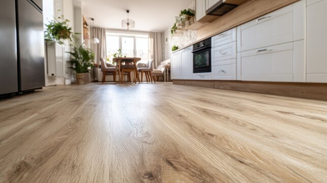 Modern Scandinavian kitchen interior with wood laminate floor low angle view