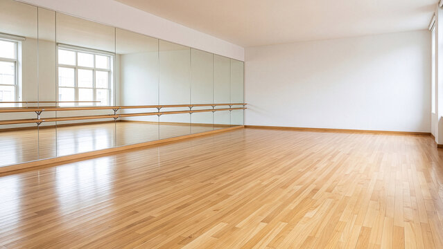 Empty bright dance studio with hardwood floors wall mirrors and wooden ballet barre