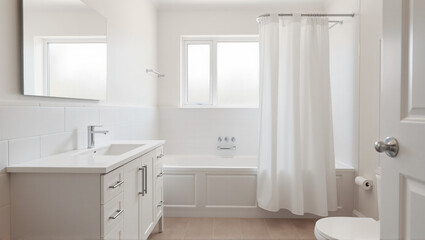 Fototapeta premium Minimalist Bathroom Interior with White Fixtures and Dark Gray Tile Floor
