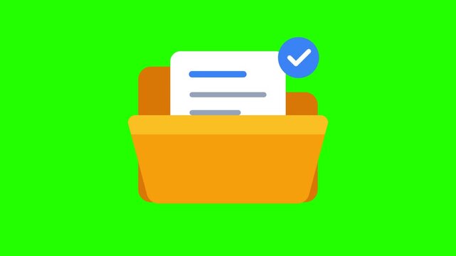 Yellow document folder icon with checkmark success badge isolated on green screen