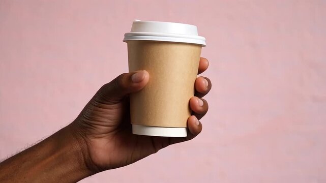 Hand holding disposable paper coffee cup horizontally against pink background