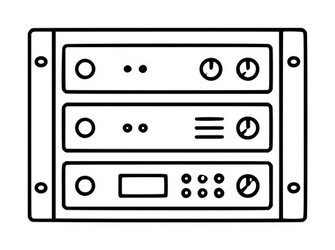 Hand-drawn black line art vector icon illustration of a stacked rack-mounted server unit featuring three horizontal modules with status indicator lights, ventilation grilles, display screens, and