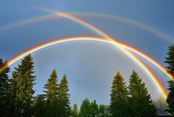 Obraz premium Vibrant Double Rainbow Arcing Over Lush Green Forest Trees Under a Clear Blue Sky.