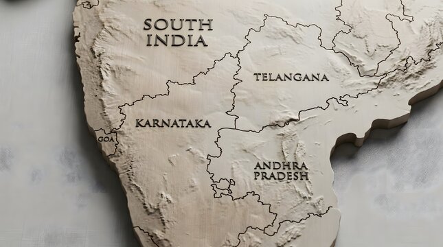 Detailed Map of South India Showing Telangana, Karnataka, and Andhra Pradesh States.