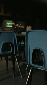 Chairs are lined up in a classroom. The room is dimly lit, and school supplies are placed on desks. A sense of stillness fills the space as students have left for the day.