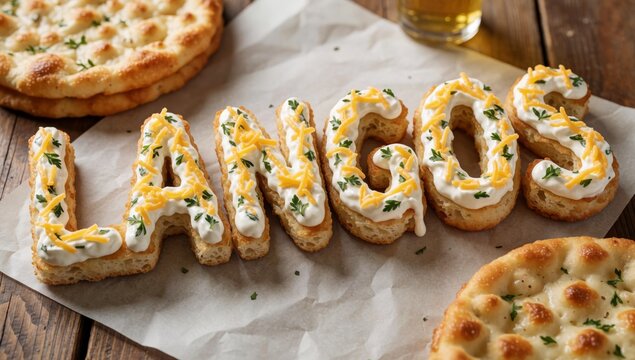 Word langos spelled capital letters piece parchment paper made small pieces bread melted cheese herbs top appe