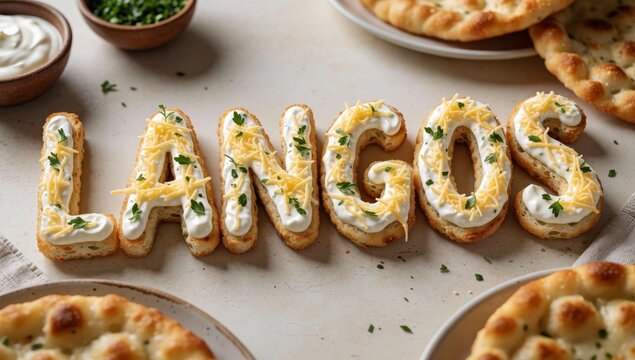Word langos spelled large golden-brown letters arranged way form each letter covered layer melted cheese garni