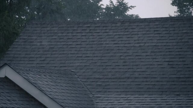 Slow motion close-up of heavy rain falling on an asphalt shingle roof, demonstrating how a properly installed roofing system channels water away to help prevent leaks and water damage. 15279  