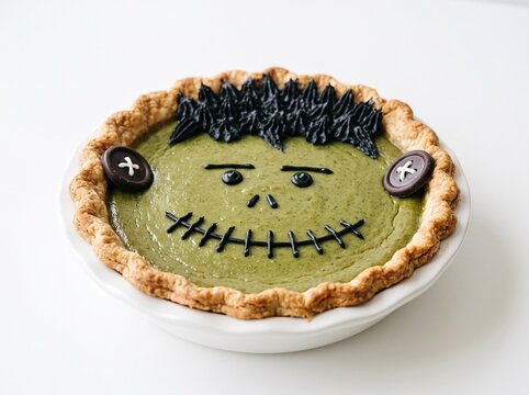 Frankenstein Themed Green Pumpkin Pie with Black Icing Details on White