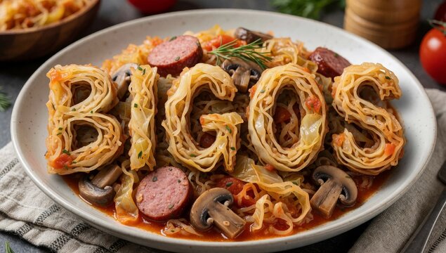 Plate spaghetti sausage mushrooms cooked tomato-based sauce garnished fresh herbs cut thin strips arranged cir