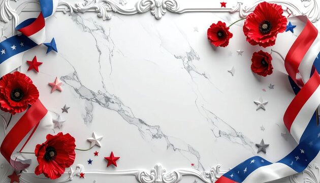 Patriotic Memorial Day or Fourth of July Border with Red Poppies, Stars, and Ribbons on Marble Background
