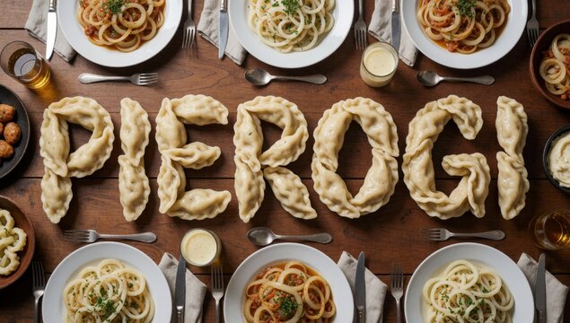 Wooden table multiple plates pasta arranged shape word pierogi filled different types including fettuccine alf
