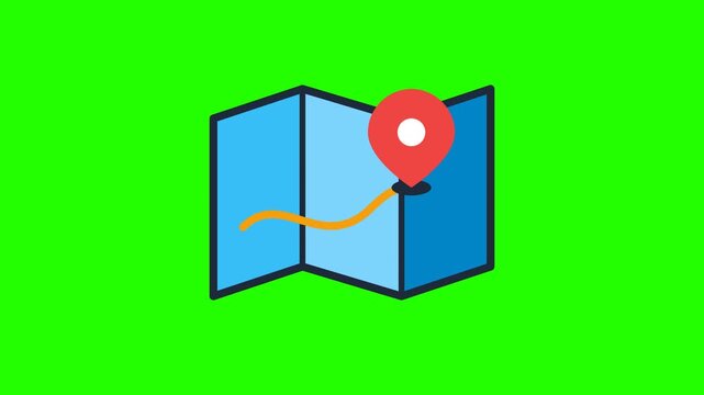 Folded map icon with red location pin marker and route on green screen background