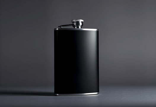 Black matte hip flask with a silver cap and base, liquor container for travel and outdoor activities, the flask is isolated on a dark grey background with subtle shadows
