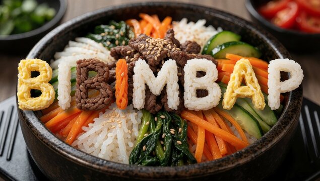 Close-up bowl bibimbap korean dish made rice vegetables meat dark brown ceramic placed wooden table white fluf