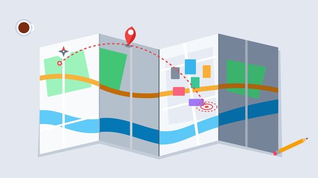 Folded paper map with route planning pin and pencil illustration
