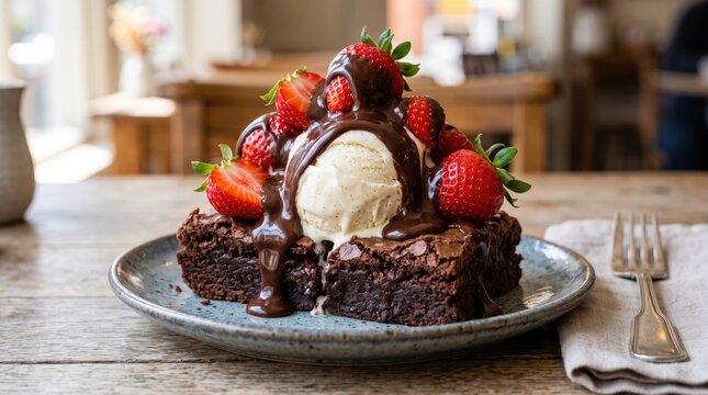 Delicious dessert of stacked brownies with ice cream and fresh strawberries for gourmet food photography and culinary magazines