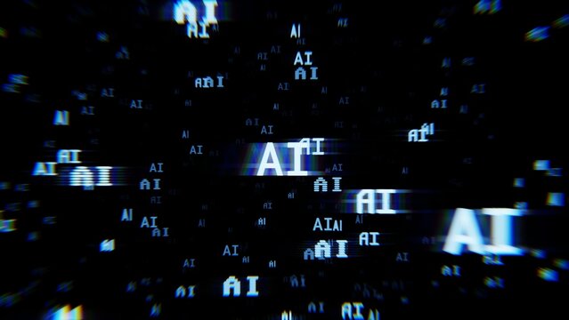 Seamless Loop Abstract Digital Background with Glitchy AI Text Elements in a Cyber Space Network. Blue Version