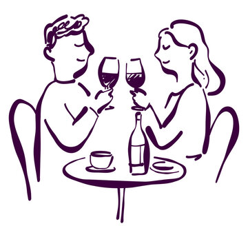 Romantic Couple Drinking Wine at Caf&eacute; Hand Drawn Line Art Vector Illustration SVG elements for FnB branding