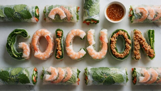 Collection spring rolls arranged shape word coconut white marble surface made green leafy vegetables such lett