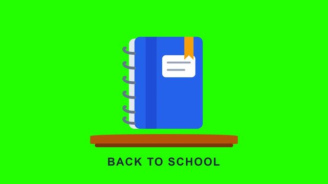 Animated back to school vector motion featuring a blue spiral notebook on a shelf with isolated green screen
