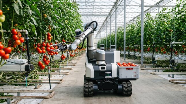 Advanced ai robot harvesting ripe tomatoes in a futuristic greenhouse for sustainable agriculture technology design