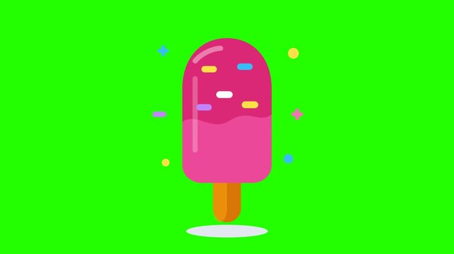 Flat vector motion of a cute pink popsicle with colorful sprinkles isolated on green screen