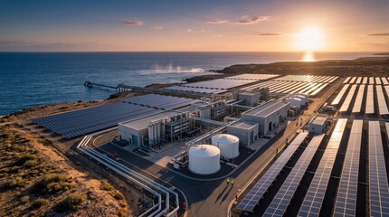 Obraz premium Aerial view of solar powered desalination plant by the ocean during sunset for clean energy and sustainable innovation concept