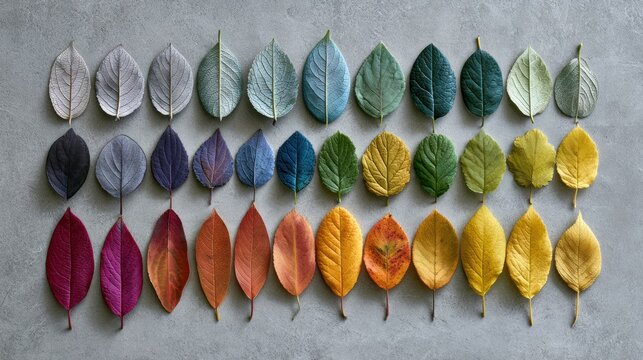 Autumn leaves are sorted into a grid by color and size on a gray surface. This organized display shows the variety of fall leaves.
