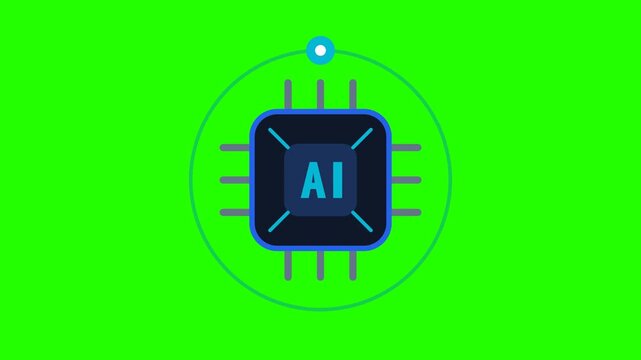 Futuristic artificial intelligence AI processor chip icon motion graphics isolated on green screen