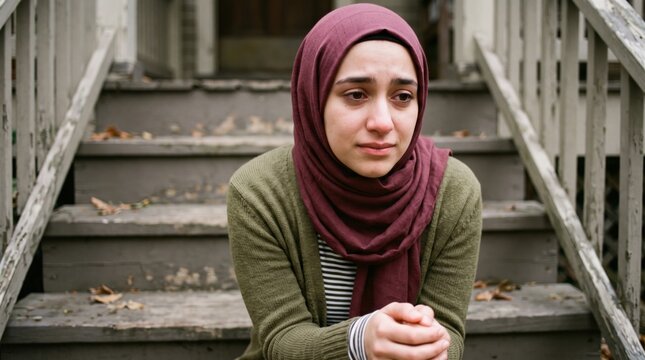 Thoughtful woman in hijab sitting on rustic outdoor stairs for introspective and emotional portrait background