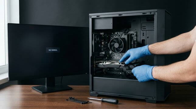 Practical troubleshooting concept representing a common beginner problem: a newly assembled PC powering on but producing no display