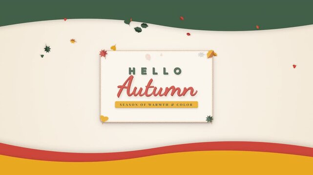 Hello Autumn animated text banner with falling leaves and colorful wavy background