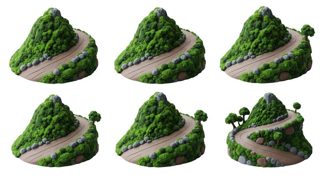 miniature mountains with winding roads and trees set against a plain white background illustrations and games