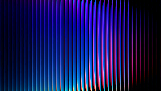 Abstract neon light flowing behind vertical ribbed glass with smooth glowing refraction. Vibrant gradient create futuristic depth and sleek optical illusion for digital innovation concepts. 3d render