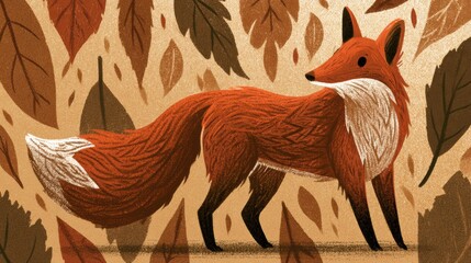 Obraz premium A fox stands amidst colorful leaves in an autumn setting. The rough brush details give the piece a unique texture and charm.