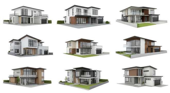 collection of modern houses with architectural designs various facades against a neutral background for real estate and home decor purposes