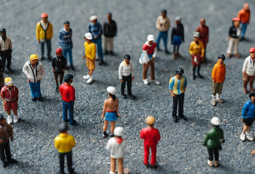 Diverse miniature people figurines standing on a textured gray surface community society and human connection