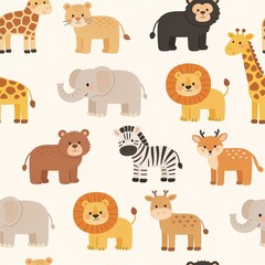 Obraz premium Seamless animal pattern with cute cartoon safari animals for children's wallpaper and nursery design