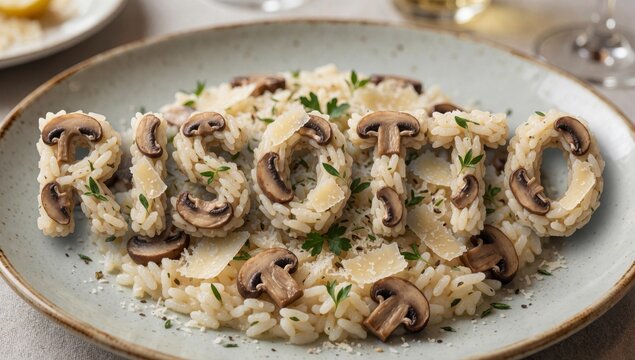Plate risotto mushrooms parmesan cheese light brown color appears cooked until soft fluffy sliced arranged cir