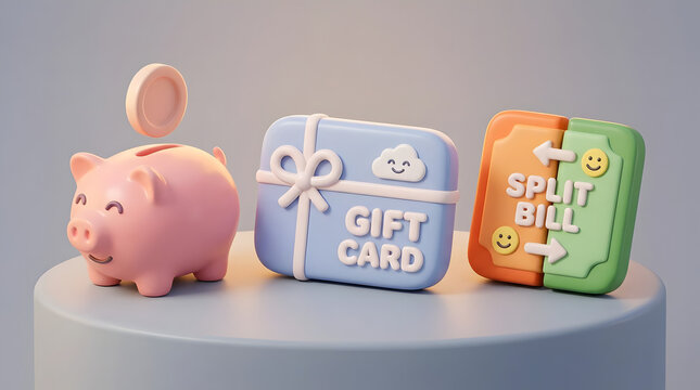 Piggy bank with gift card and split bill icons