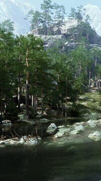 A forest scene features tall trees near a body of water with rocks and reflections. Mountains rise in the background under a clear blue sky. The setting looks bright and natural.