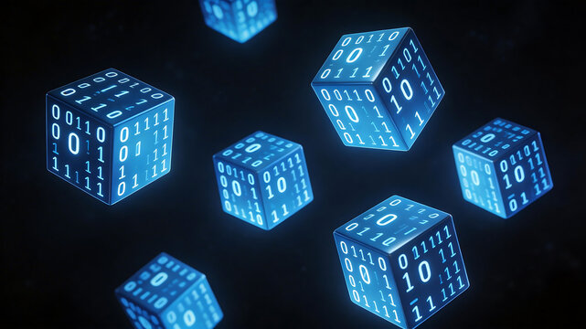 Blue cubes with binary code on dark background