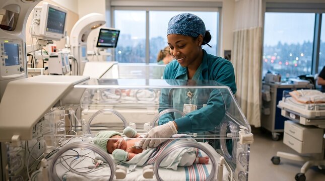Nurse Cares for Newborn Baby in NICU Incubator with Medical Equipment