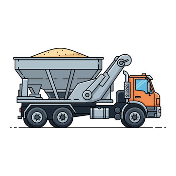 Industrial skip loader truck vector illustration transporting sand on a white background for construction and logistics equipment design