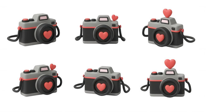 3d rendered digital cameras in various perspectives with hearts on them against a white backdrop for valentines day
