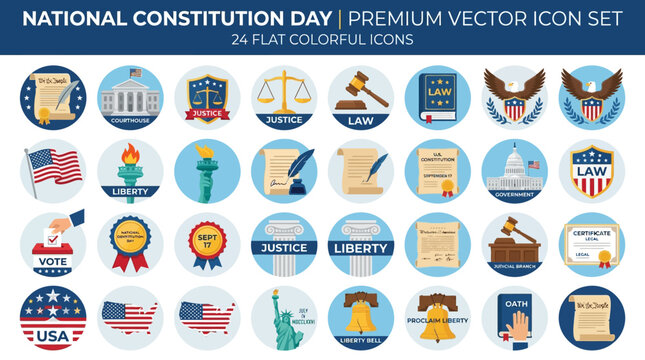 National Constitution Day 24 Flat Colorful Vector Icon Set Featuring Legal Symbols and Patriotic Elements for Government Awareness